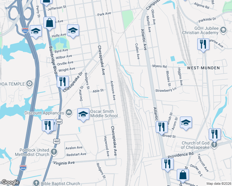 map of restaurants, bars, coffee shops, grocery stores, and more near 2212 Ardmore Avenue in Chesapeake