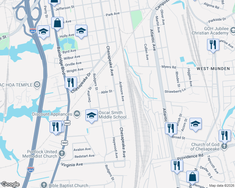 map of restaurants, bars, coffee shops, grocery stores, and more near 2212 Ardmore Avenue in Chesapeake