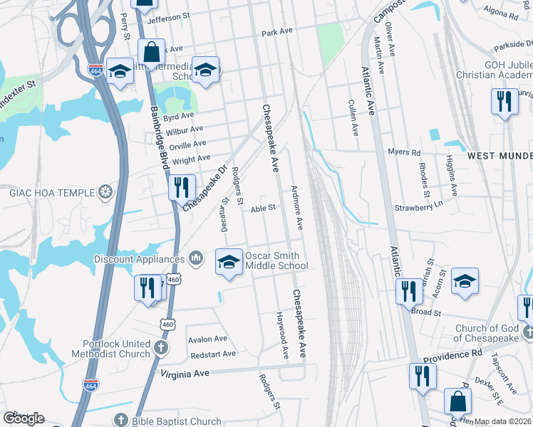 map of restaurants, bars, coffee shops, grocery stores, and more near 2209 Haywood Avenue in Chesapeake
