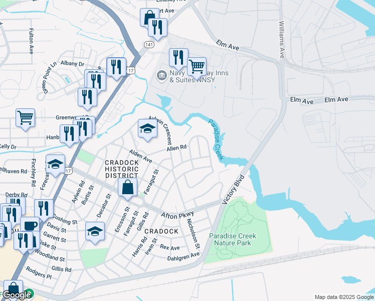 map of restaurants, bars, coffee shops, grocery stores, and more near 8 Quackenbush Place in Portsmouth