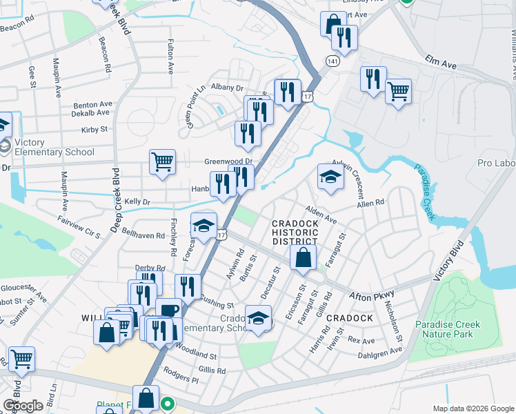 map of restaurants, bars, coffee shops, grocery stores, and more near 41 Aylwin Road in Portsmouth