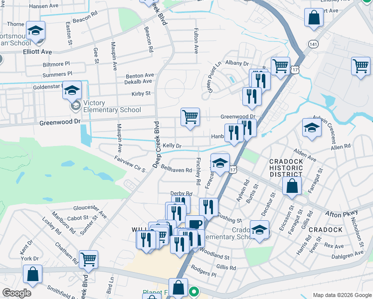 map of restaurants, bars, coffee shops, grocery stores, and more near 216 Ashburn Road in Portsmouth