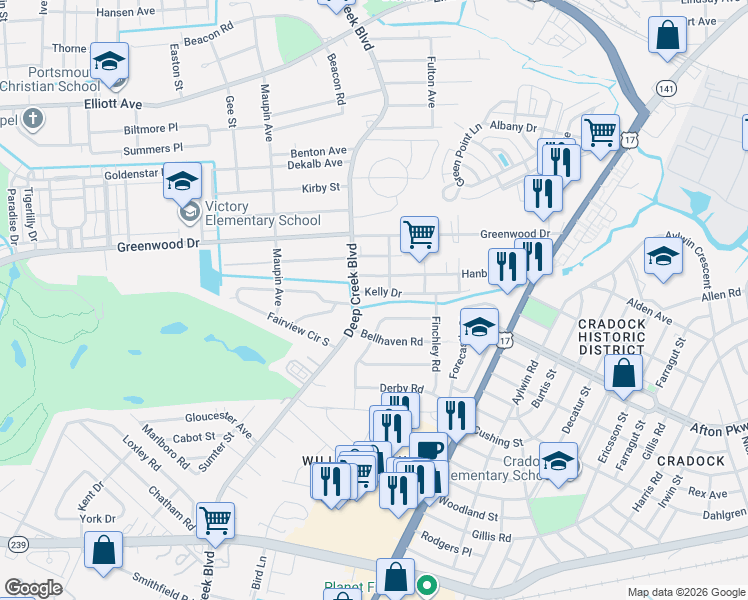 map of restaurants, bars, coffee shops, grocery stores, and more near 202 Ashburn Road in Portsmouth