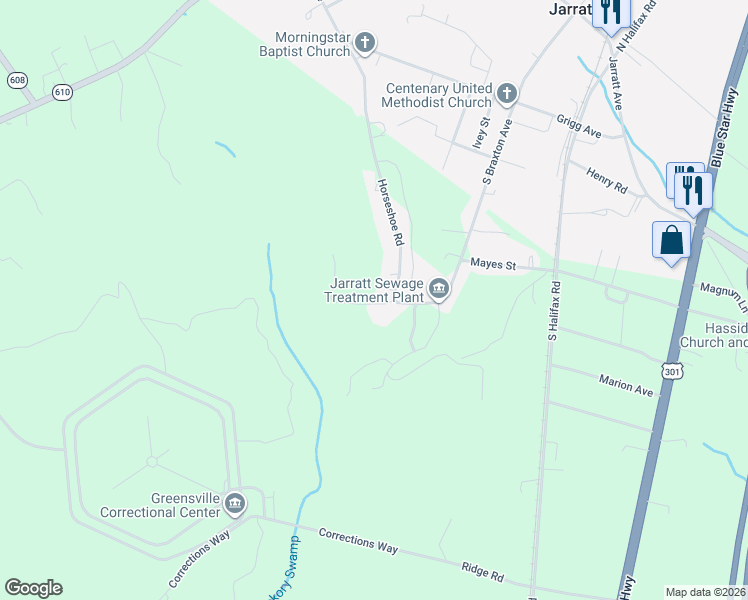 map of restaurants, bars, coffee shops, grocery stores, and more near 699 Horseshoe Road in Jarratt