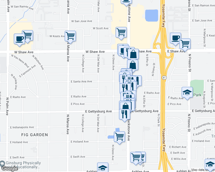 map of restaurants, bars, coffee shops, grocery stores, and more near 4766 North San Pablo Avenue in Fresno
