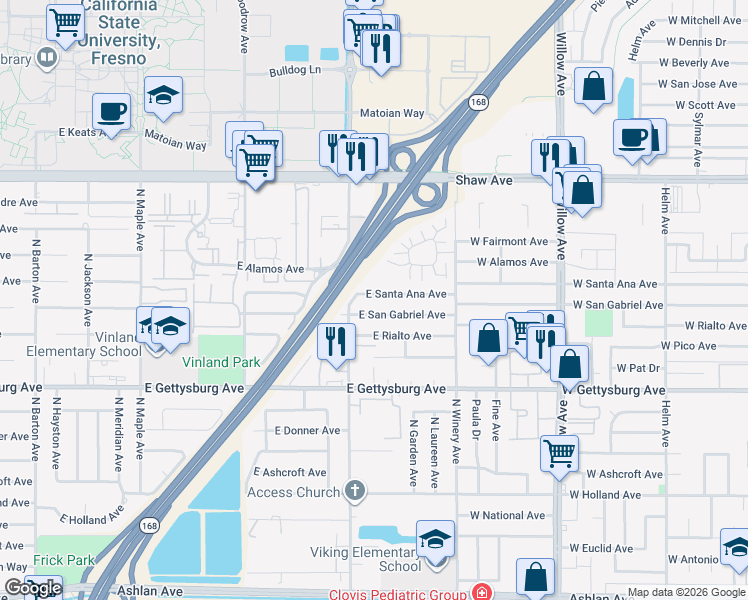 map of restaurants, bars, coffee shops, grocery stores, and more near 4841 East San Gabriel Avenue in Fresno