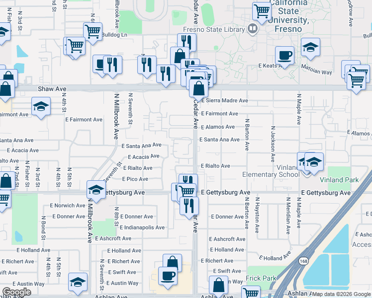 map of restaurants, bars, coffee shops, grocery stores, and more near 4727 North Cedar Avenue in Fresno