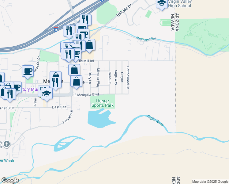 map of restaurants, bars, coffee shops, grocery stores, and more near 565 East Mesquite Boulevard in Mesquite