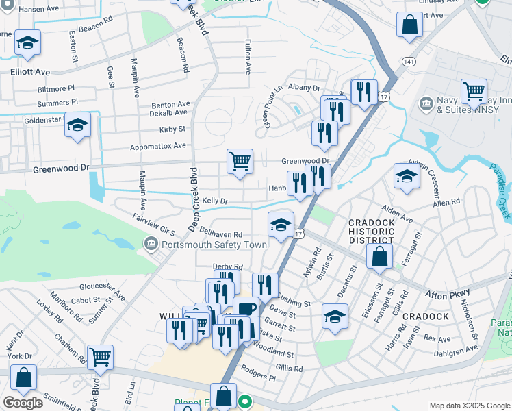 map of restaurants, bars, coffee shops, grocery stores, and more near 207 Kelly Drive in Portsmouth