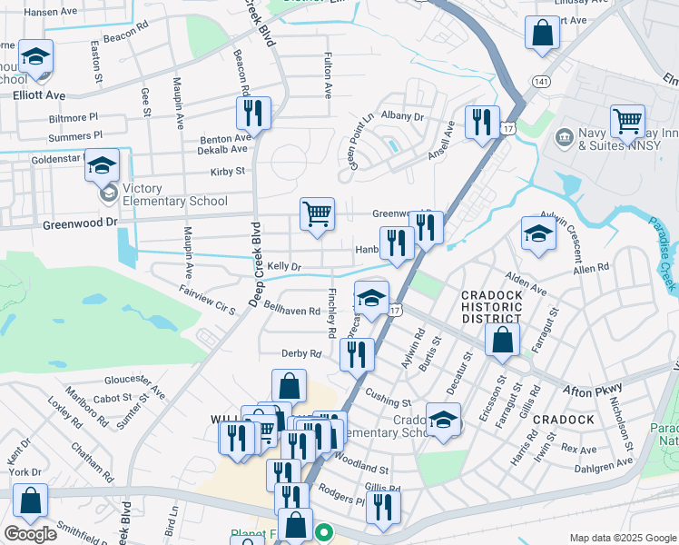 map of restaurants, bars, coffee shops, grocery stores, and more near 205 Kelly Drive in Portsmouth