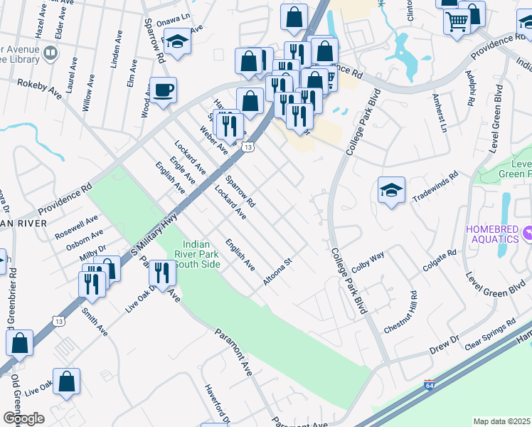 map of restaurants, bars, coffee shops, grocery stores, and more near 2014 Sparrow Road in Chesapeake