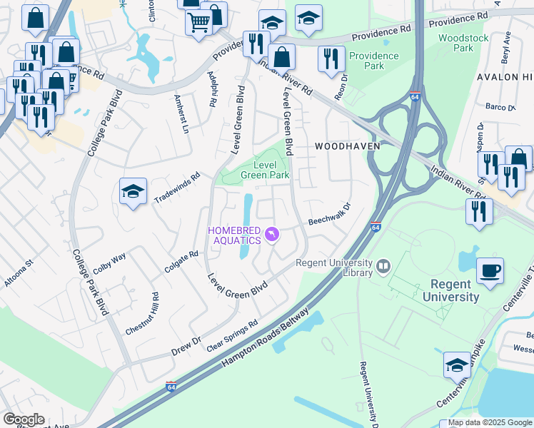 map of restaurants, bars, coffee shops, grocery stores, and more near 6004 Edgelake Drive in Virginia Beach
