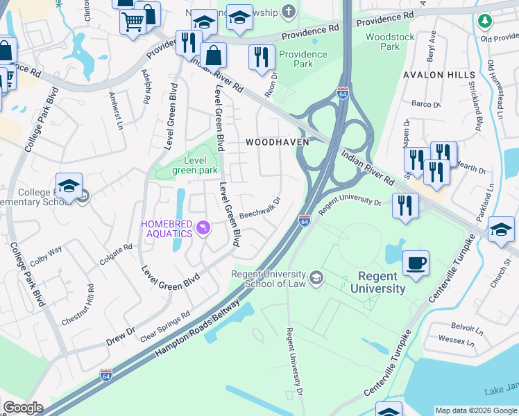 map of restaurants, bars, coffee shops, grocery stores, and more near 1100 Newcombe Drive in Virginia Beach