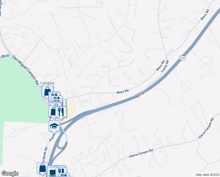 map of restaurants, bars, coffee shops, grocery stores, and more near 7675 Sleepy Hollow Lane in Salinas
