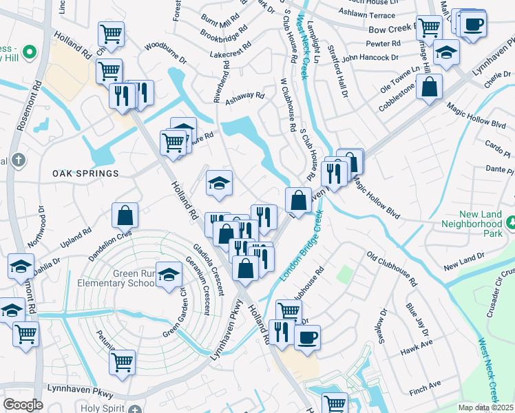 map of restaurants, bars, coffee shops, grocery stores, and more near 3305 Sugar Creek Drive in Virginia Beach