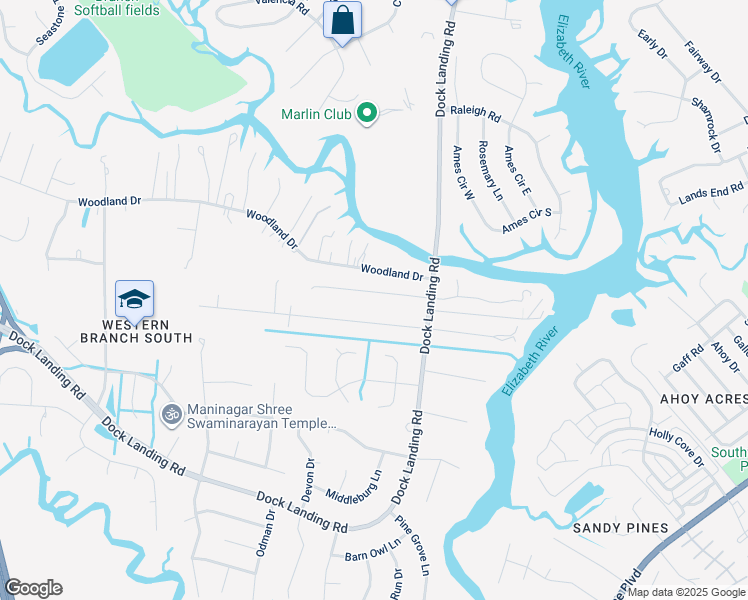 map of restaurants, bars, coffee shops, grocery stores, and more near 4025 Cory Lane in Chesapeake