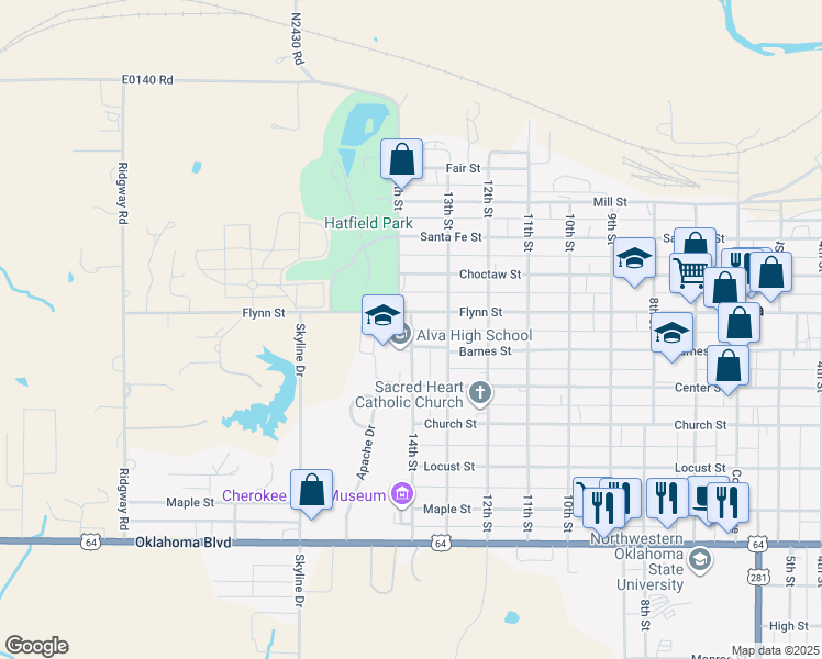 map of restaurants, bars, coffee shops, grocery stores, and more near 14th Street in Alva