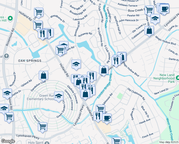 map of restaurants, bars, coffee shops, grocery stores, and more near 3305 Sugar Creek Drive in Virginia Beach