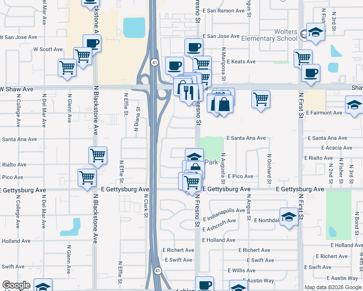 map of restaurants, bars, coffee shops, grocery stores, and more near 2404 East Acacia Avenue in Fresno