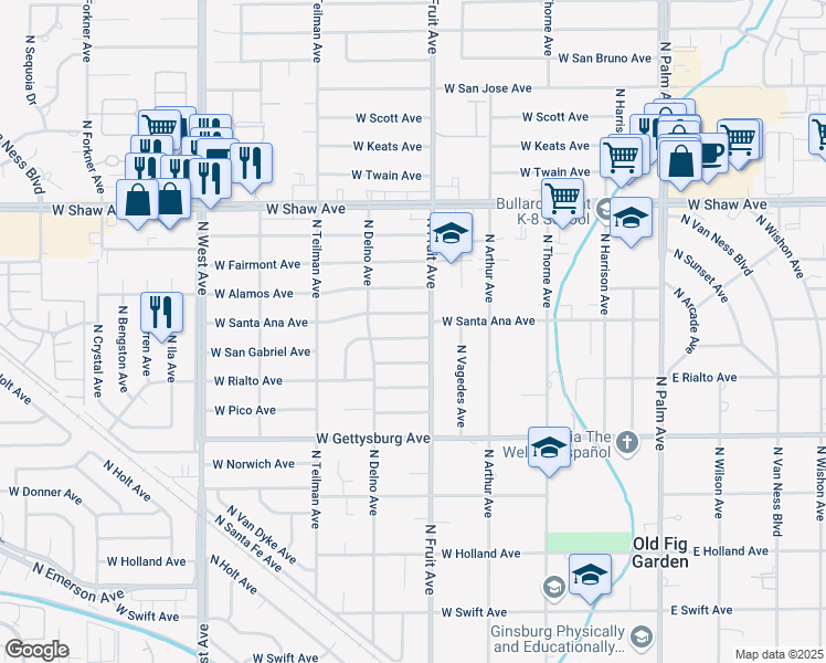 map of restaurants, bars, coffee shops, grocery stores, and more near 535 West Acacia Avenue in Fresno