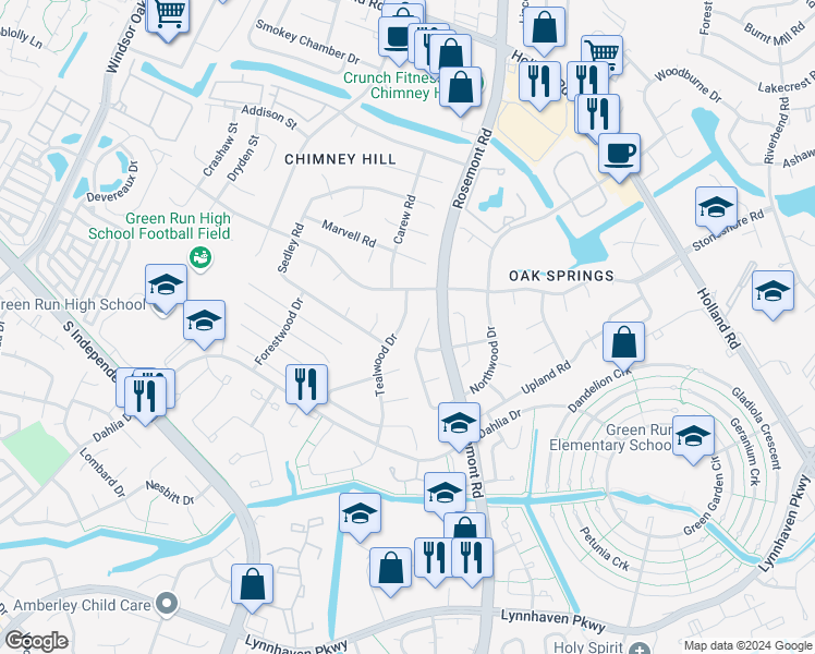 map of restaurants, bars, coffee shops, grocery stores, and more near 1029 Tealwood Drive in Virginia Beach