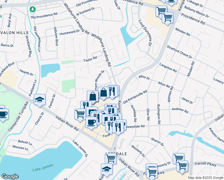 map of restaurants, bars, coffee shops, grocery stores, and more near 5408 Glamis Court in Virginia Beach
