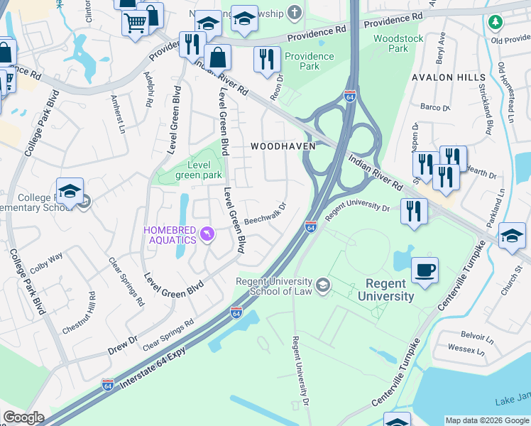 map of restaurants, bars, coffee shops, grocery stores, and more near 1100 Newcombe Drive in Virginia Beach