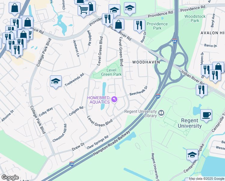 map of restaurants, bars, coffee shops, grocery stores, and more near 6004 Edgelake Drive in Virginia Beach