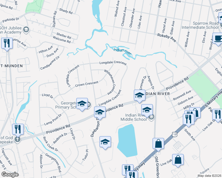 map of restaurants, bars, coffee shops, grocery stores, and more near 613 Whitehaven Crescent in Chesapeake