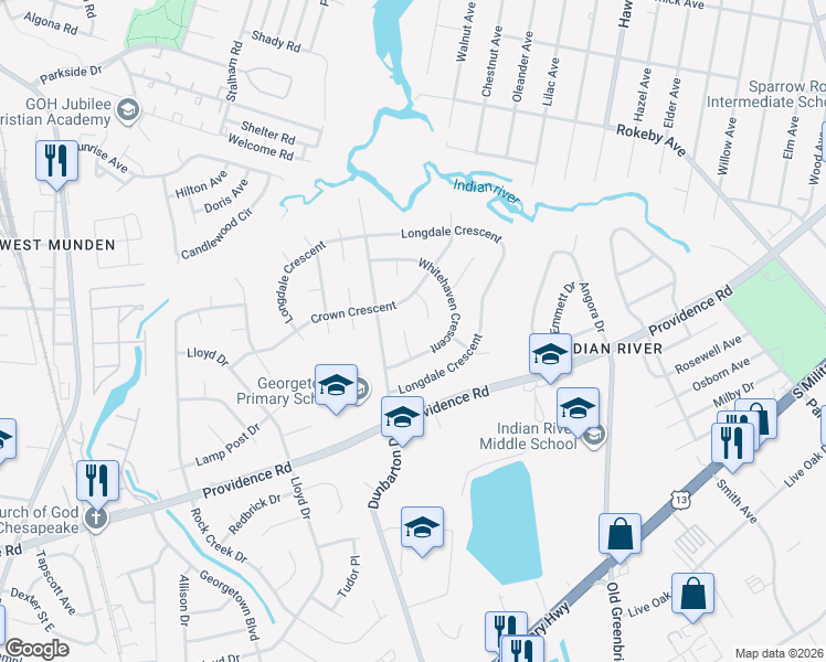 map of restaurants, bars, coffee shops, grocery stores, and more near 613 Whitehaven Crescent in Chesapeake
