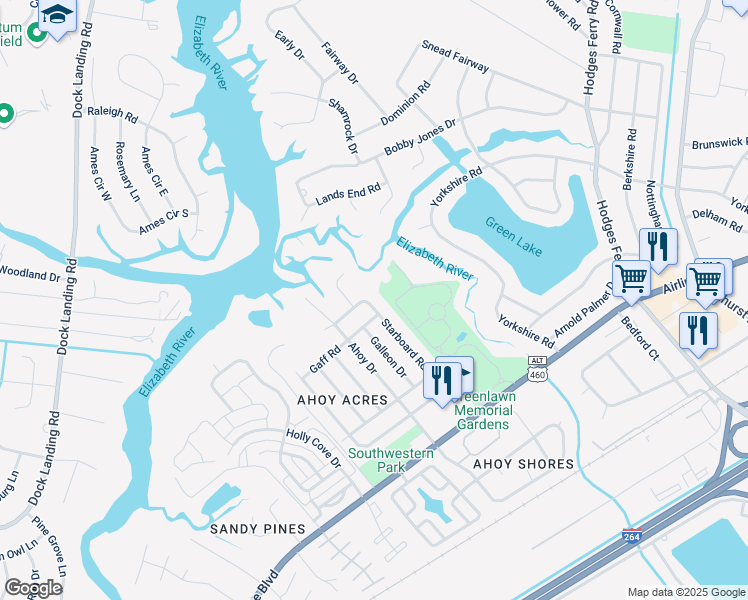 map of restaurants, bars, coffee shops, grocery stores, and more near 4017 Starboard Road in Chesapeake