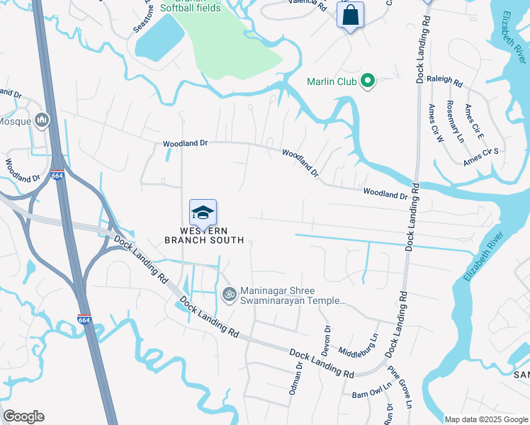 map of restaurants, bars, coffee shops, grocery stores, and more near 4117 Maple Drive in Chesapeake