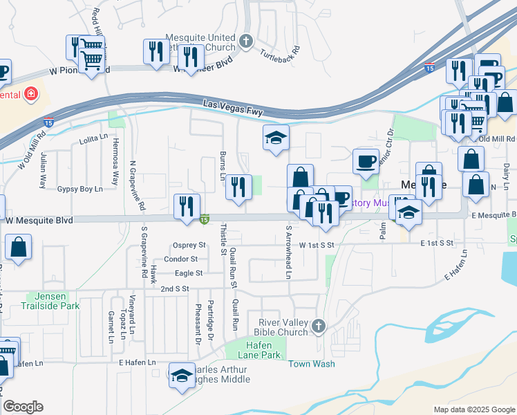 map of restaurants, bars, coffee shops, grocery stores, and more near 445 West Mesquite Boulevard in Mesquite