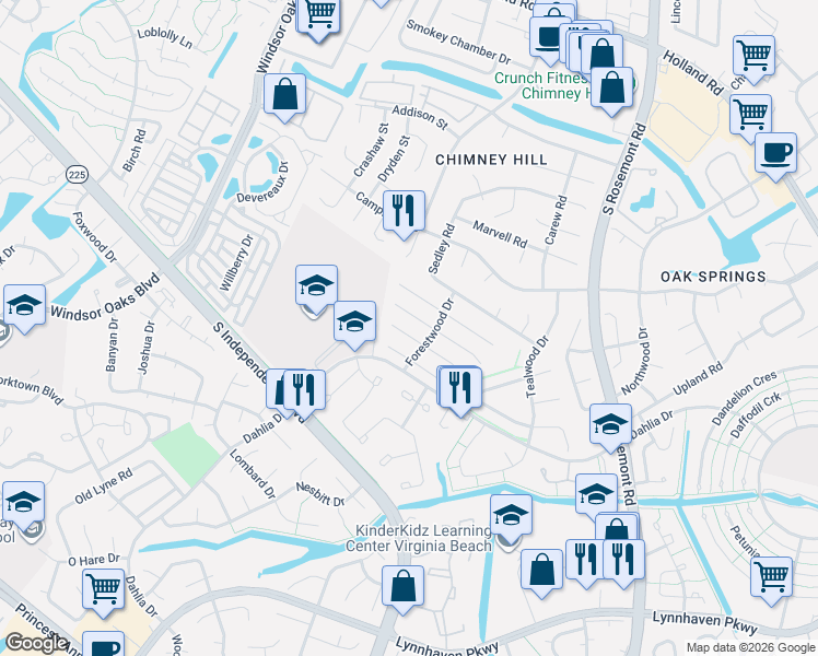 map of restaurants, bars, coffee shops, grocery stores, and more near 3848 Meadowbrook Court in Virginia Beach