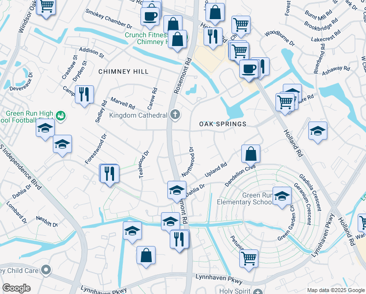 map of restaurants, bars, coffee shops, grocery stores, and more near 924 Woodmark Court in Virginia Beach