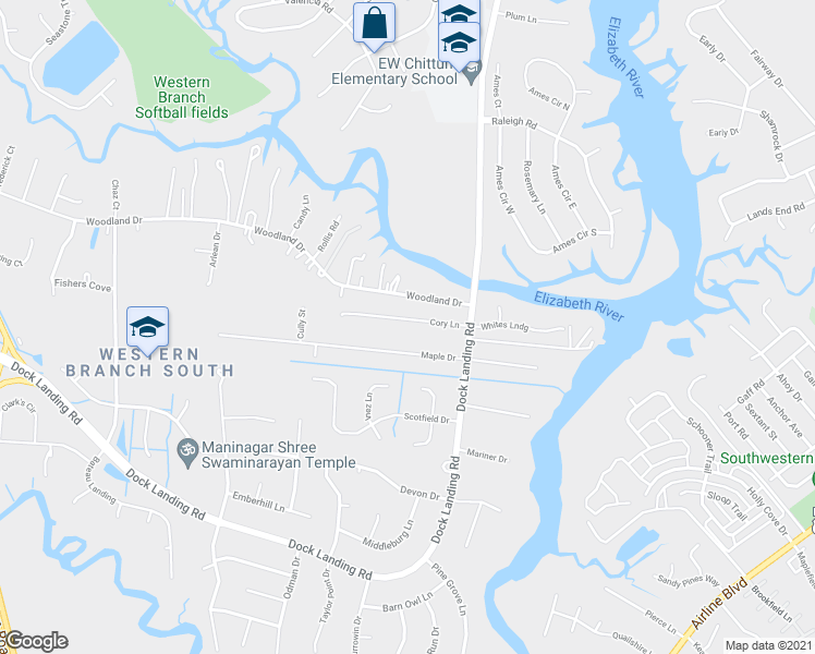 map of restaurants, bars, coffee shops, grocery stores, and more near 4025 Cory Lane in Chesapeake