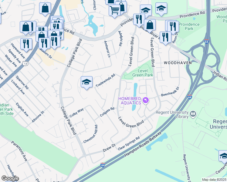 map of restaurants, bars, coffee shops, grocery stores, and more near 1141 Clydesdale Lane in Virginia Beach