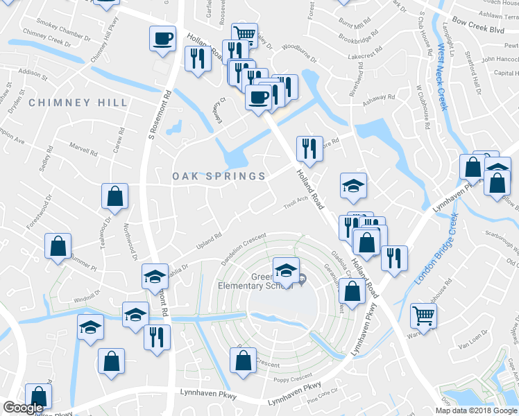 map of restaurants, bars, coffee shops, grocery stores, and more near 961 Smoke Tree Lane in Virginia Beach