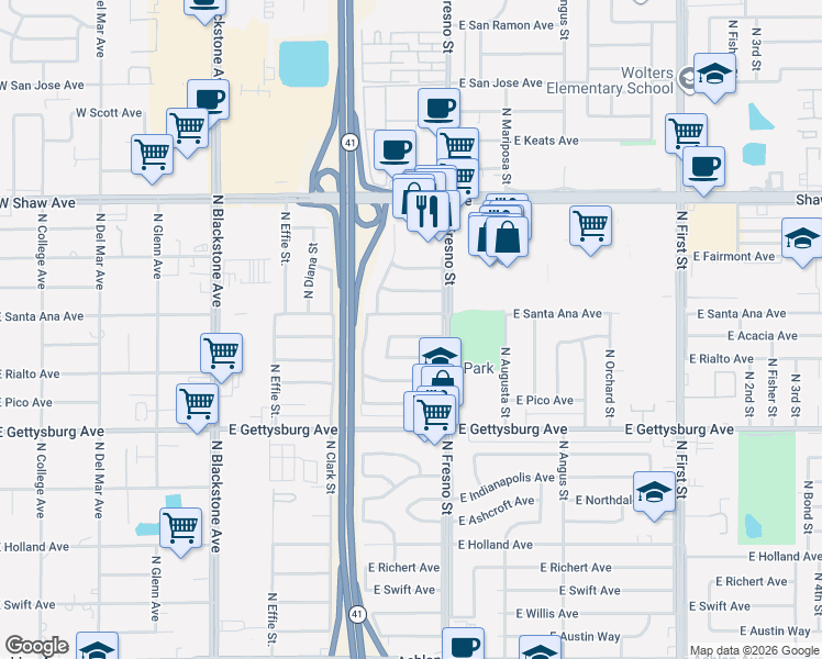 map of restaurants, bars, coffee shops, grocery stores, and more near 2404 East Acacia Avenue in Fresno