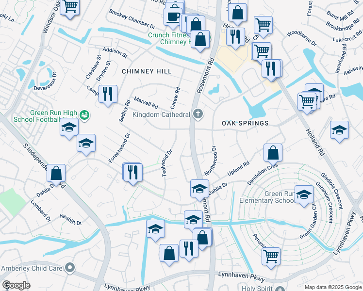 map of restaurants, bars, coffee shops, grocery stores, and more near 1091 Northwood Drive in Virginia Beach