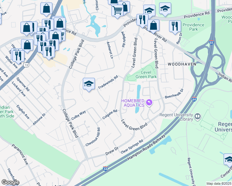 map of restaurants, bars, coffee shops, grocery stores, and more near 1141 Clydesdale Lane in Virginia Beach