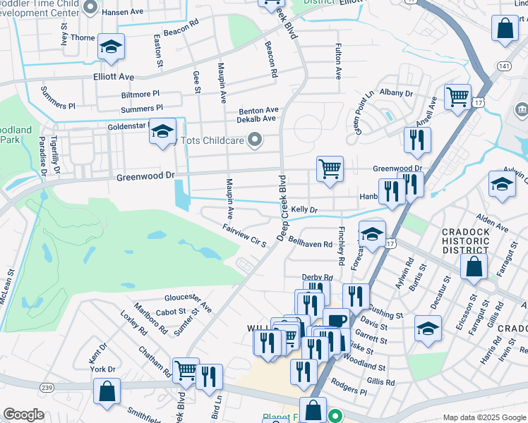 map of restaurants, bars, coffee shops, grocery stores, and more near 108 Fairview Circle North in Portsmouth
