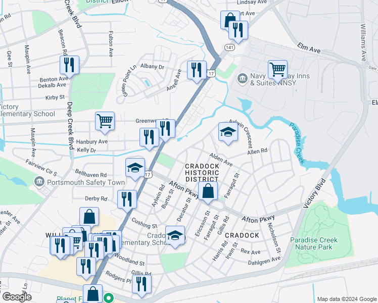 map of restaurants, bars, coffee shops, grocery stores, and more near 2 Alden Avenue in Portsmouth