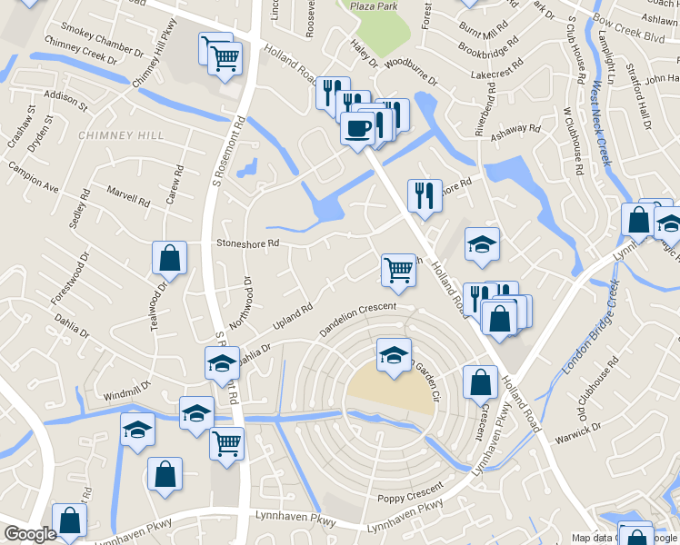 map of restaurants, bars, coffee shops, grocery stores, and more near 1002 Smoke Tree Lane in Virginia Beach