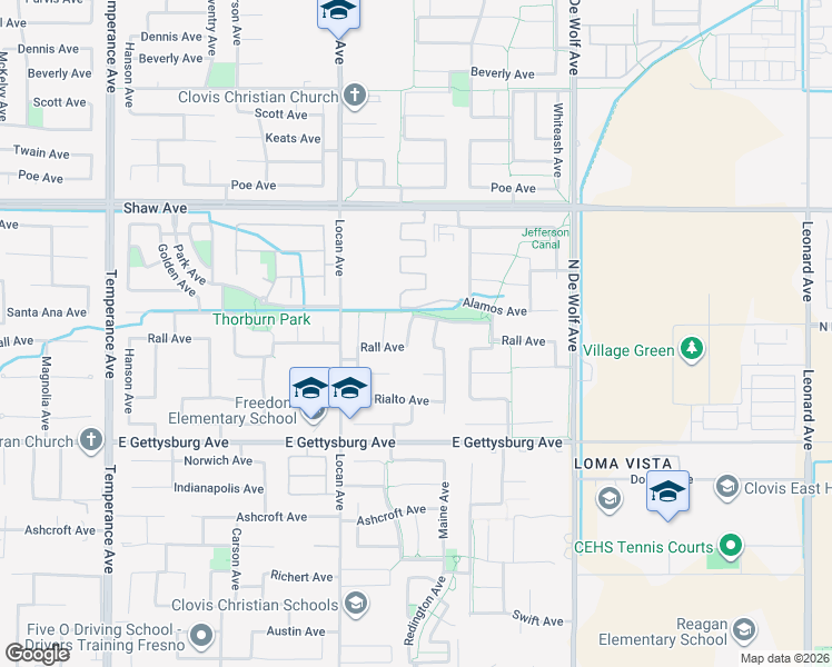 map of restaurants, bars, coffee shops, grocery stores, and more near 2467 Redington Avenue in Clovis