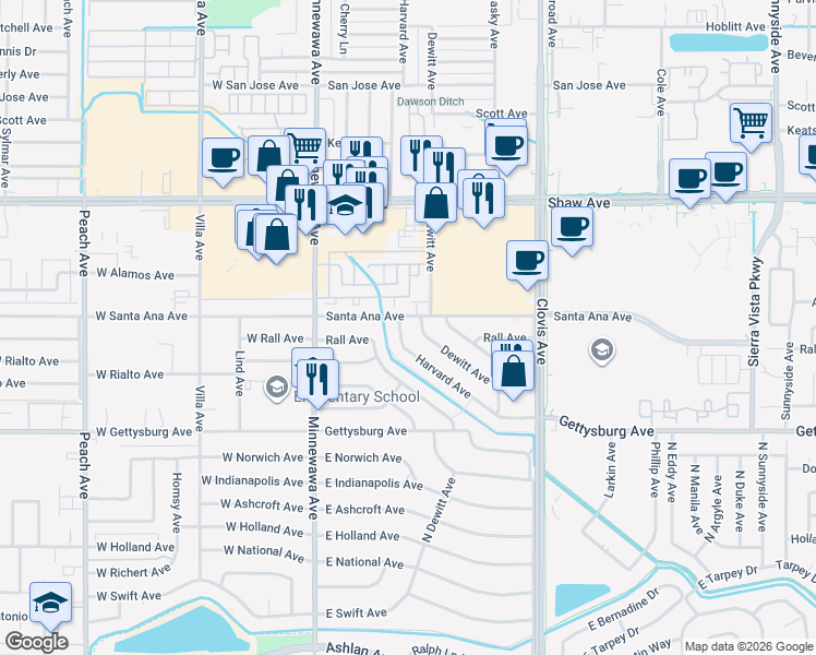 map of restaurants, bars, coffee shops, grocery stores, and more near 2444 Harvard Avenue in Clovis