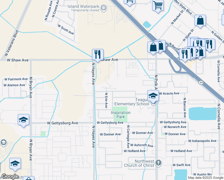 map of restaurants, bars, coffee shops, grocery stores, and more near 4736 North Erie Avenue in Fresno