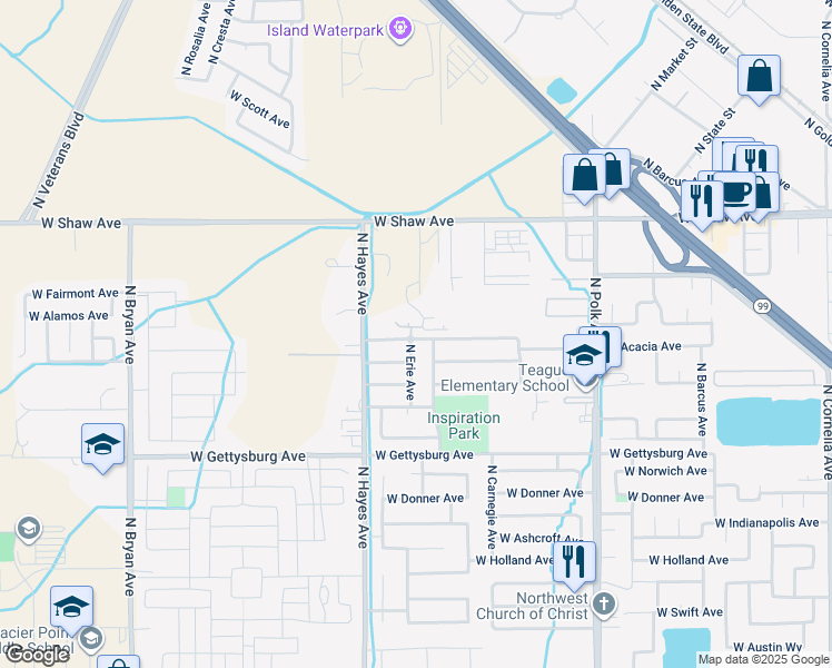 map of restaurants, bars, coffee shops, grocery stores, and more near 4736 North Erie Avenue in Fresno