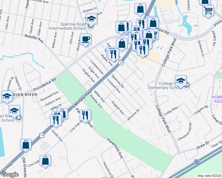 map of restaurants, bars, coffee shops, grocery stores, and more near 1940 English Avenue in Chesapeake