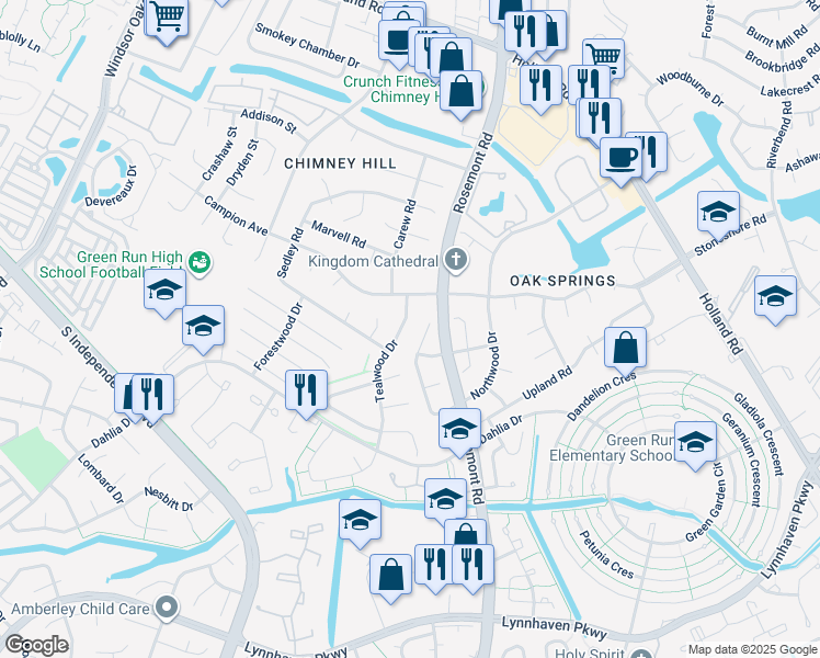 map of restaurants, bars, coffee shops, grocery stores, and more near 1025 Tealwood Drive in Virginia Beach